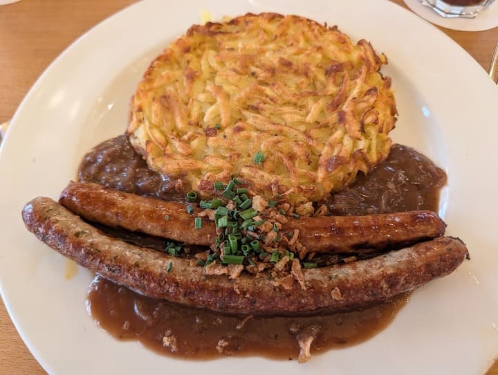 Bratwurst with Rösti and Onion Gravy